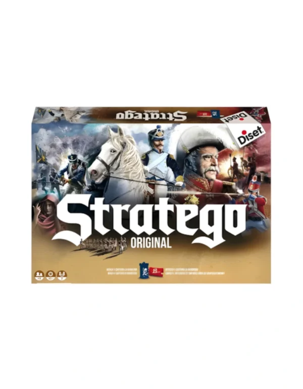 Caja del juego de mesa Stratego con tablero montado y piezas militares en formación