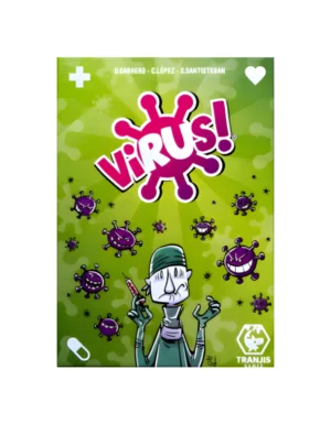 Caja del juego de cartas Virus con cartas esparcidas sobre una mesa
