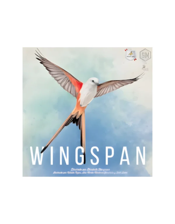 Caja del juego de mesa Wingspan con tablero, dados, cartas de aves y huevos de colores