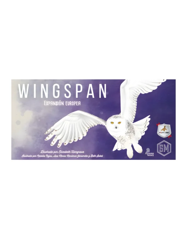 Caja de Wingspan Expansión Europea con cartas de aves, huevos morados y componentes adicionales del juego