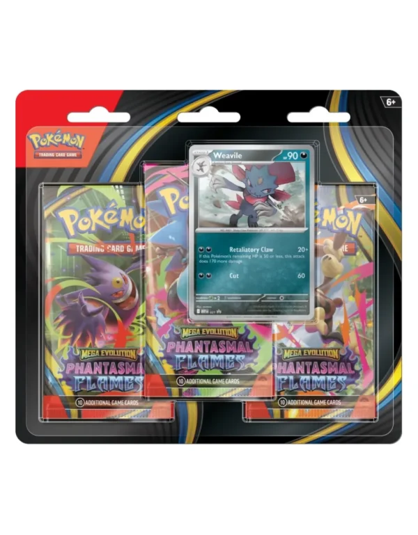 CARTAS DE POKEMON TCG MEGA EVOLUTION PHANTASMAL FLAMES 3-PACK BLISTER WEAVILE